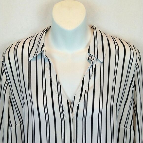 Worthington black/white striped sheer long sleeve button down women's top - Picture 2 of 7